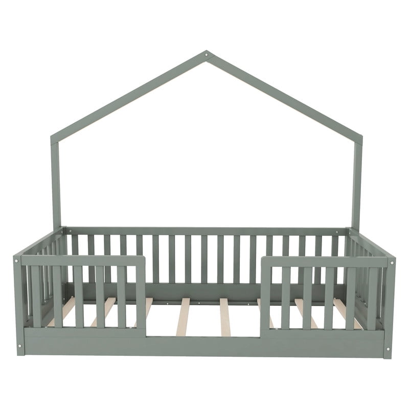 Twin Floor Bed with High Rails, Wooden Montessori Bed Frame with Single Color Light and House Shape Design, Low Profile Beds for Kids, twin bed frames Gray