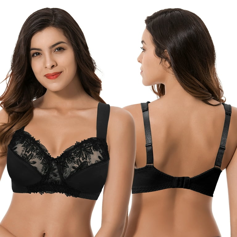 Curve Muse Plus Size Minimizer Unlined Wireless Bra with Lace  Embroidery-3Pack-Navy,Yellow,Black-34B at  Women's Clothing store