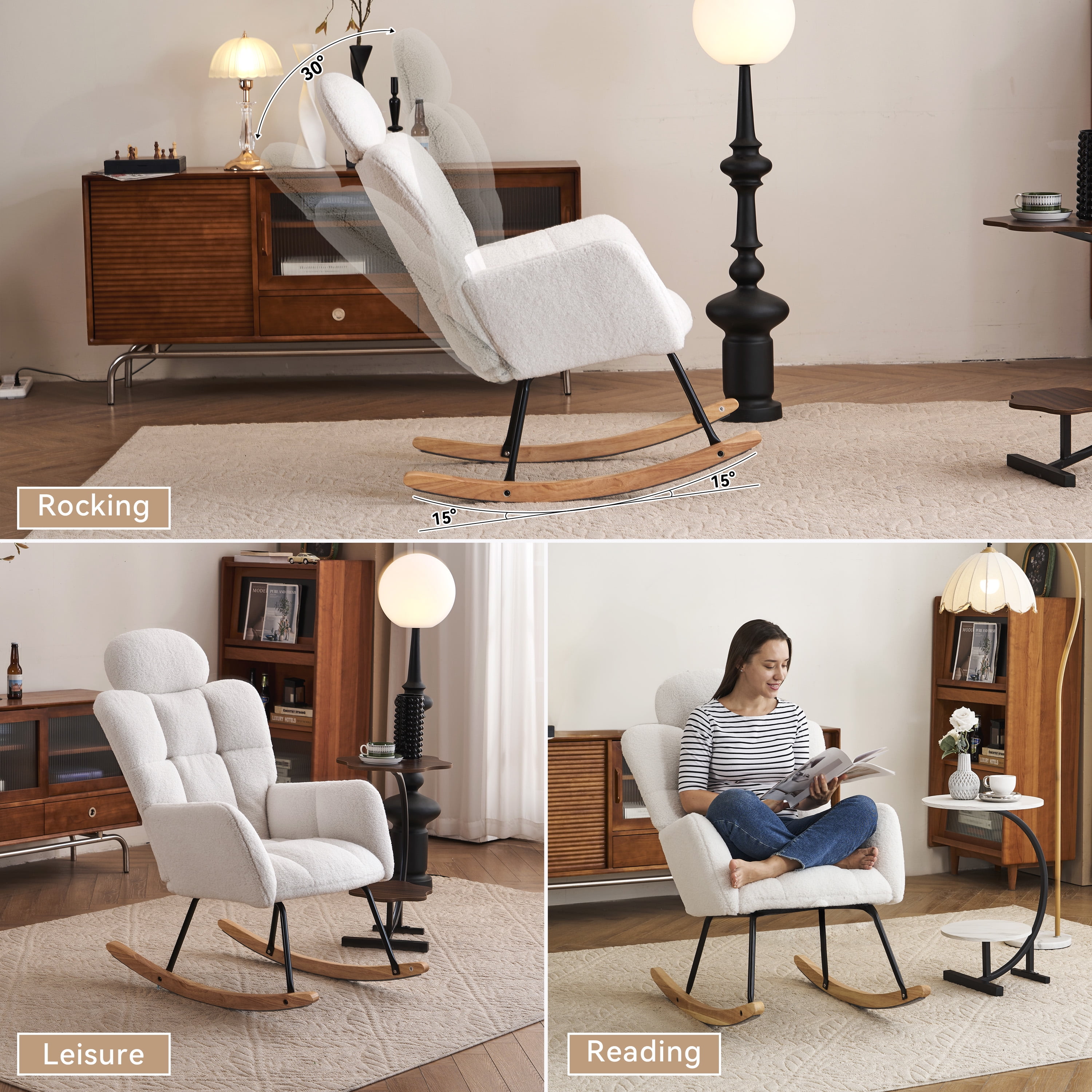 Teddy Fabric Rocking Chair, Upholstered Glider with Headrest Pillow and Solid Wood Base, High Backrest for Nursery and Bedroom, Ivory