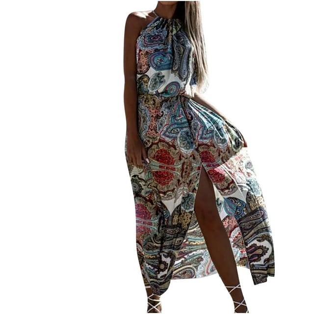 EQWLJWE Robes pour Femmes Robes pour Femmes 2023 Mode Femmes Été Col Licou Sans Manches Laçage Imprimé Robe Fendue Sans Manches Jupe