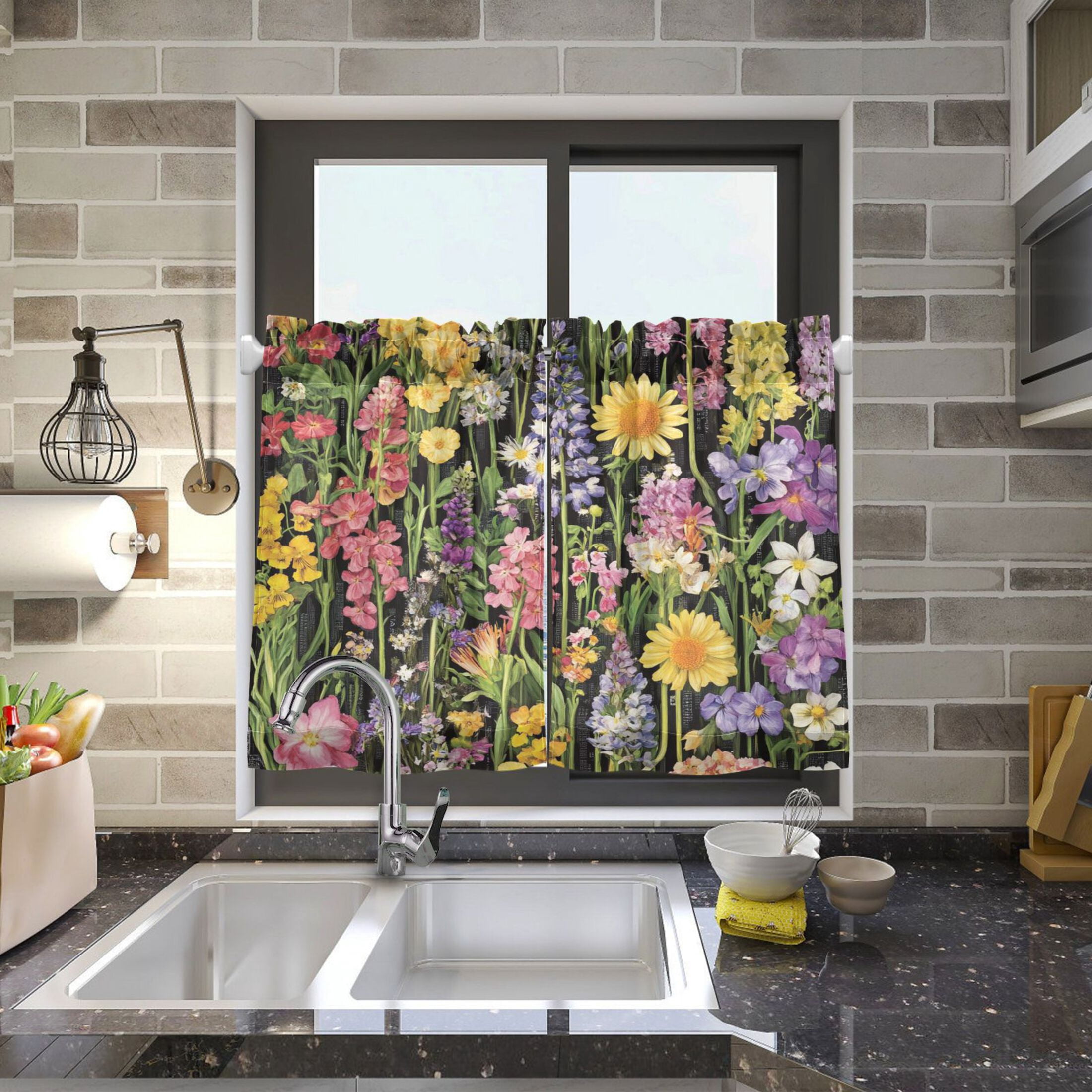 Spring Garden on Black 27"x36" Linen Look Cafe Curtain Set with Privacy and UV Protection