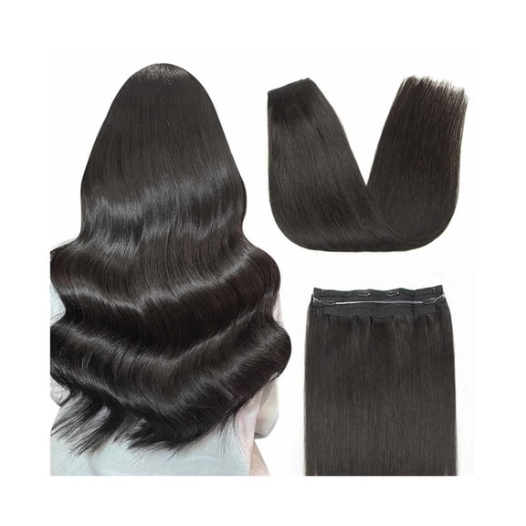 Wire Hair #1B 100Gram Straight Layered Natural Hairpiece with Transparent Fish Line Human Hair Extensions