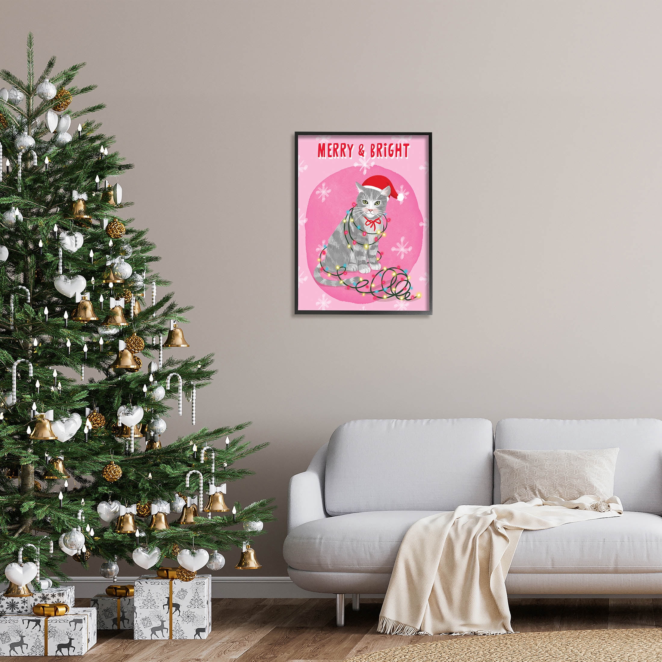 Merry & Bright Christmas Cat Holiday Graphic Art Black Framed Art Print Wall Art