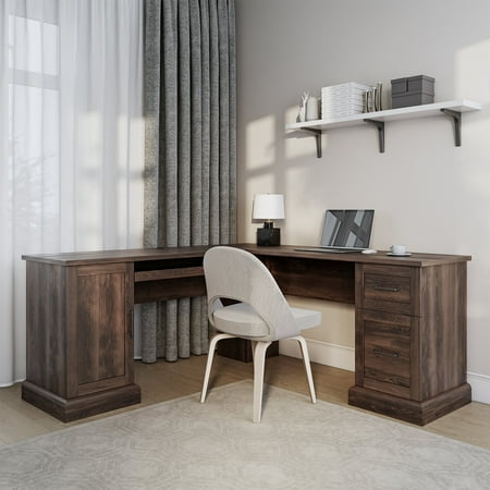 BELLEZE Modern Corner L-Shaped Home Office Computer Laptop Desk or Writing Study Workstation with Keyboard Tray Two Drawers and Cabinet - Barlow Dark Walnut (incomplete box 1 of 2 only)