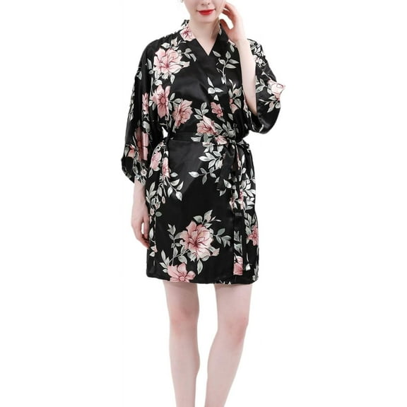 HLSOHJP Women's Kimono Robe Summer Pjs Lightweight Satin Cozy Soft Spring Cool Bride Thin Bathrobe Floral Printed