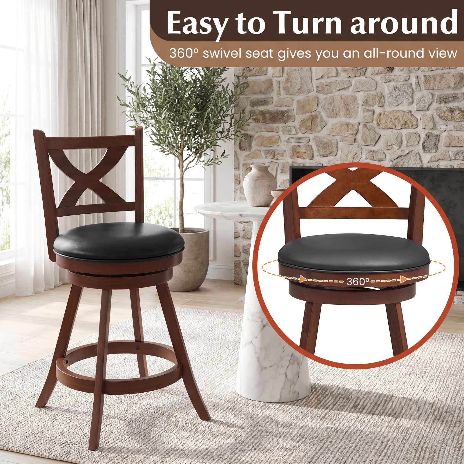 Furnibear 2 Pieces Classic Counter Height Swivel Bar Stool Set with X-shaped Open Back-24 Inch for Kitchen Island Counter Bar Pub Dining, Espresso
