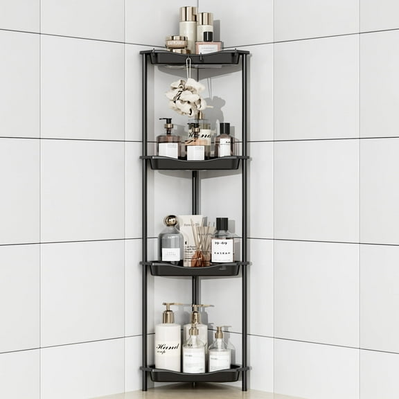 Aitatty 4 Tier Floor Standing Corner Shower Caddy Organizer: Reinforced Plastic Shower Shelves with Extra-Tall Storage for Large Shampoo Bottles, Rustproof Bathroom Corner Shelf Rack with Hooks