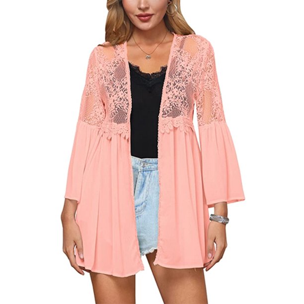 Women Lace Crochet Cardigan Top Open Front Sheer Kimono Long Sleeve