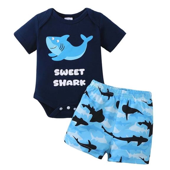 Kucnuzki Newborn Baby Boys Summer Outfit Set Clothes Short Sleeves Letter Print Romper Top Shark Shorts 2pcs Clothing Blue NB