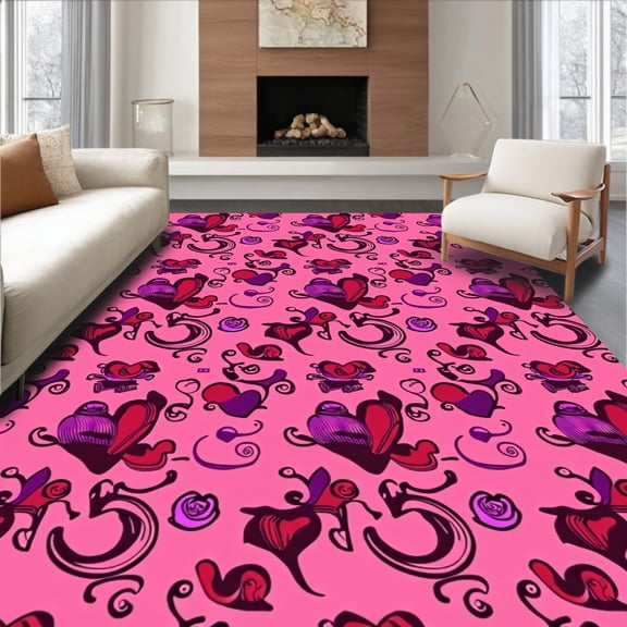 ODIKA 4'x6' Machine Washable Non-Slip Area Rug, Romantic Hearts Festival Tree Decoration High Traffic Rug, Pink, 741062