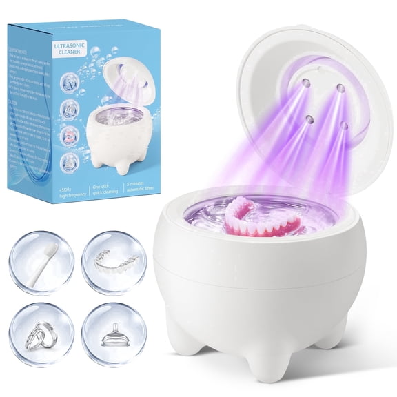 Ultrasonic Retainer Cleaner Machine 45kHz, Dental Pod Ultrasonic Cleaning for Dentures, Aligners and Night Guards, Jewelry Cleaner with 4 Modes, Low Noise, White