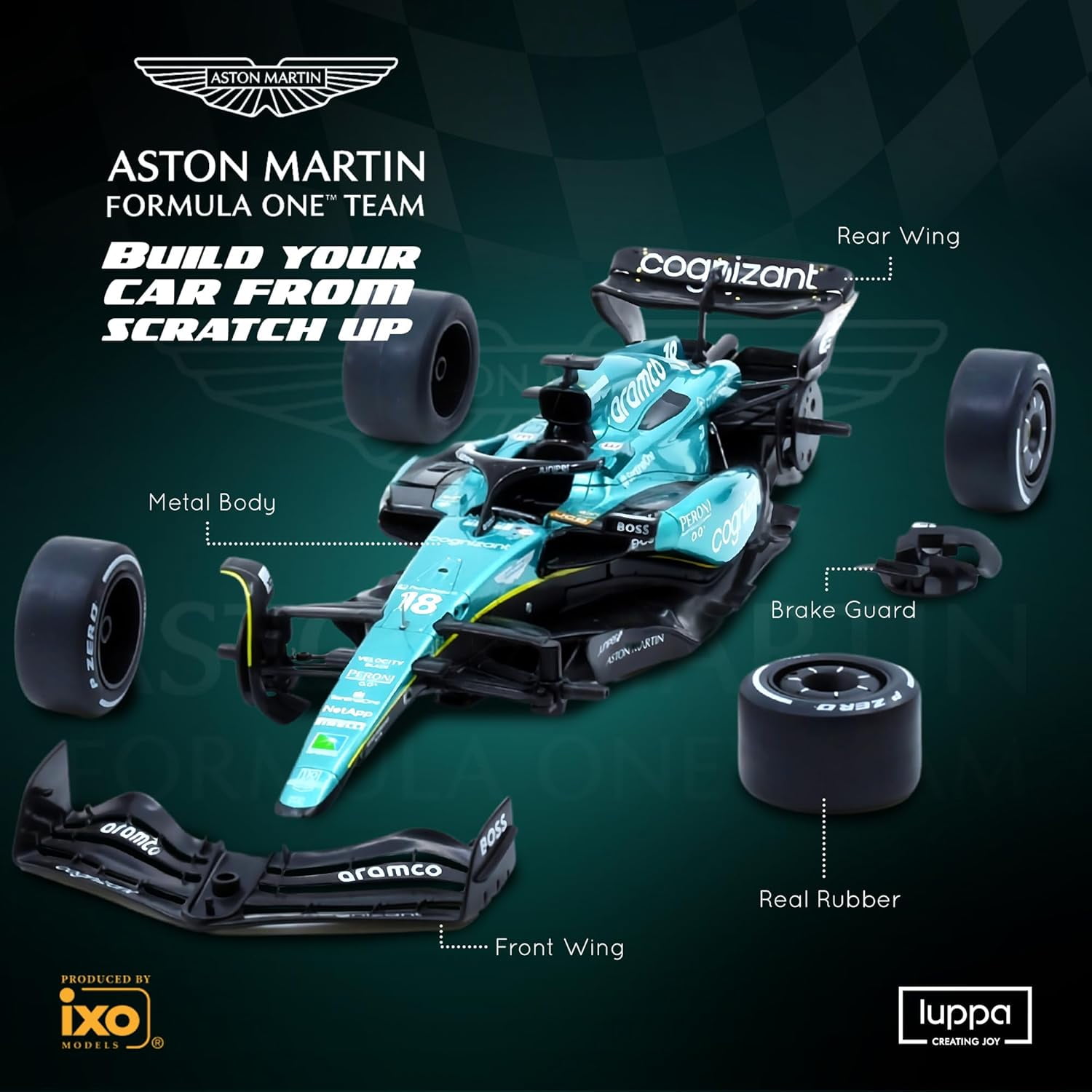 Formula 1 AMR 23 Model kit - 1:18 Scale Racing F1 AMR 23 Aramco Model Inspired by Fernando Alonso & Lance Stroll Building kit, Collectible diecast, 140 Pieces