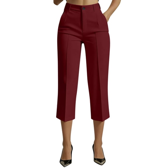 yardsong Womens Wide Leg Capri Dress Pants Summer Business Casual Petite Work Crop Slacks High Waist Stretchy Button Office Capris Wine,M