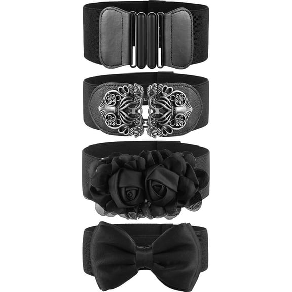 4 Piece Retro Stretch Waistband Set, Adjustable Wide Elastic Belt with Fashion Buckles, Vintage Corset Belt for Women, Perfect for Dresses and Denim All Season
