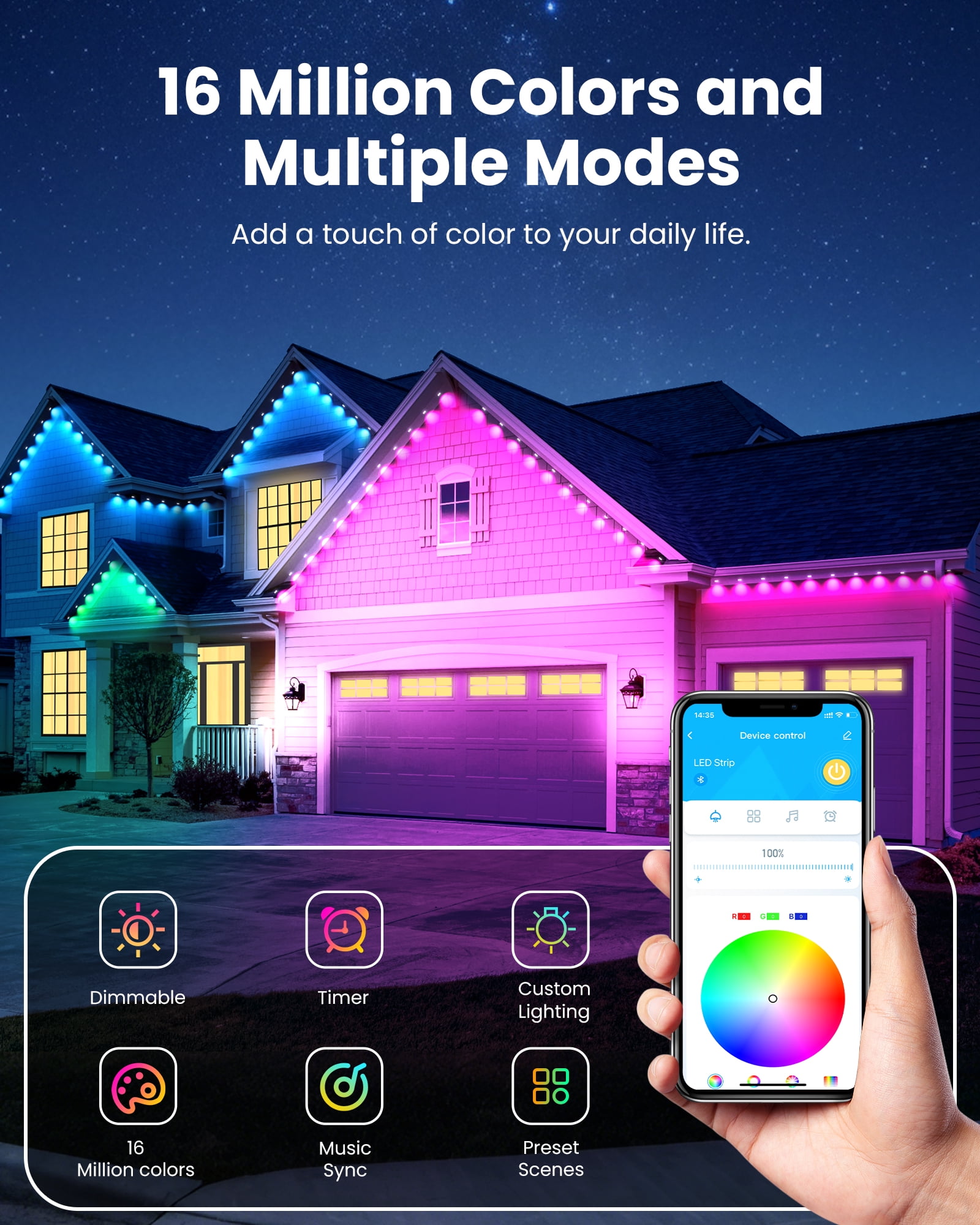 DAYBETTER 100ft Permanent Outdoor Lights, RGB Eaves String Lights with 50LED, Remote/APP Control, IP65 Waterproof, for Garden Halloween Christmas Party Decorations