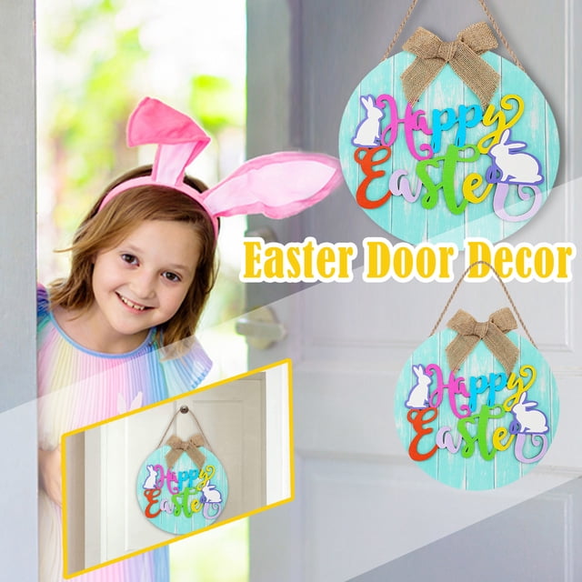 Happy Easter Day Wooden Sign Hanging Round Decoration Home Window Wall Indoor