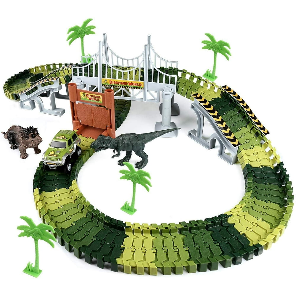 Dinosaur Track Toy, 144Pcs Dinosaur Toys Race Car Flexible Track Sets ,Dinosaurs Cars Vehicle