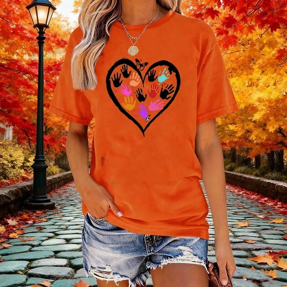 Odbmxy Summer T-Shirts Womens Plus Size Graphic Short Sleeve Women Tops Soft Casual Orange Vacation Loose Tops