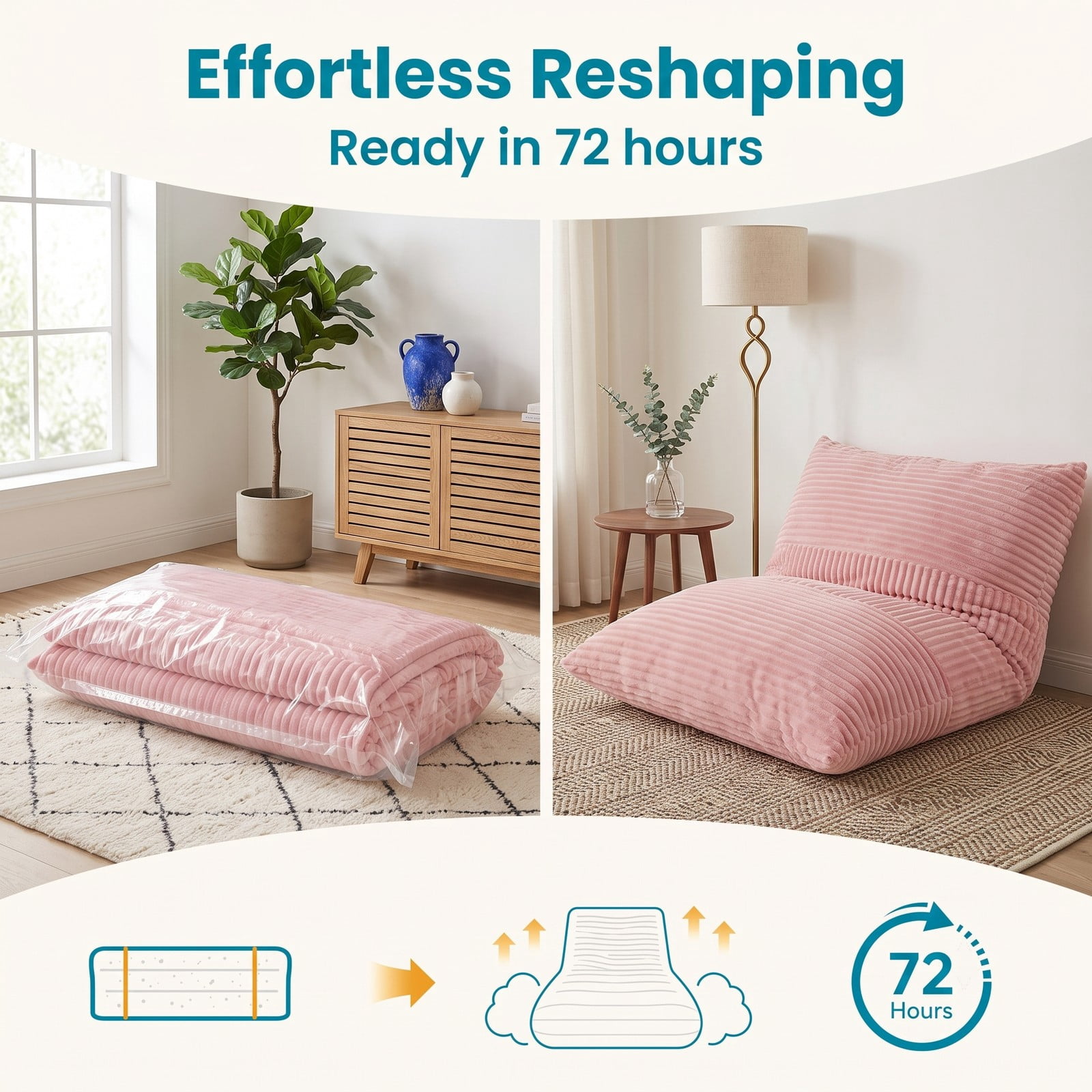 Furnibear 3-in-1 Large Bean Bag Chair, Convertible Corduroy Bean Bag Bed Sofa Lounger with Soft Sponge Filling and Removable Zippered Cover for Living Room, Pink