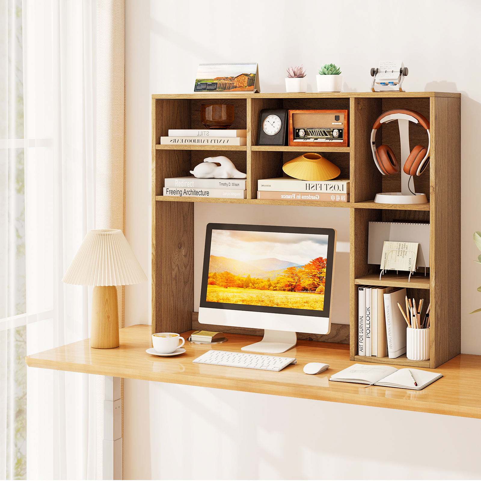 Topbuy Desktop Bookshelf 37" Countertop Storage Hutch with 7 Cubes & 3 Adjustable Shelves 3-Tier Desk Display Rack Organizer Desktop Hutch Natural