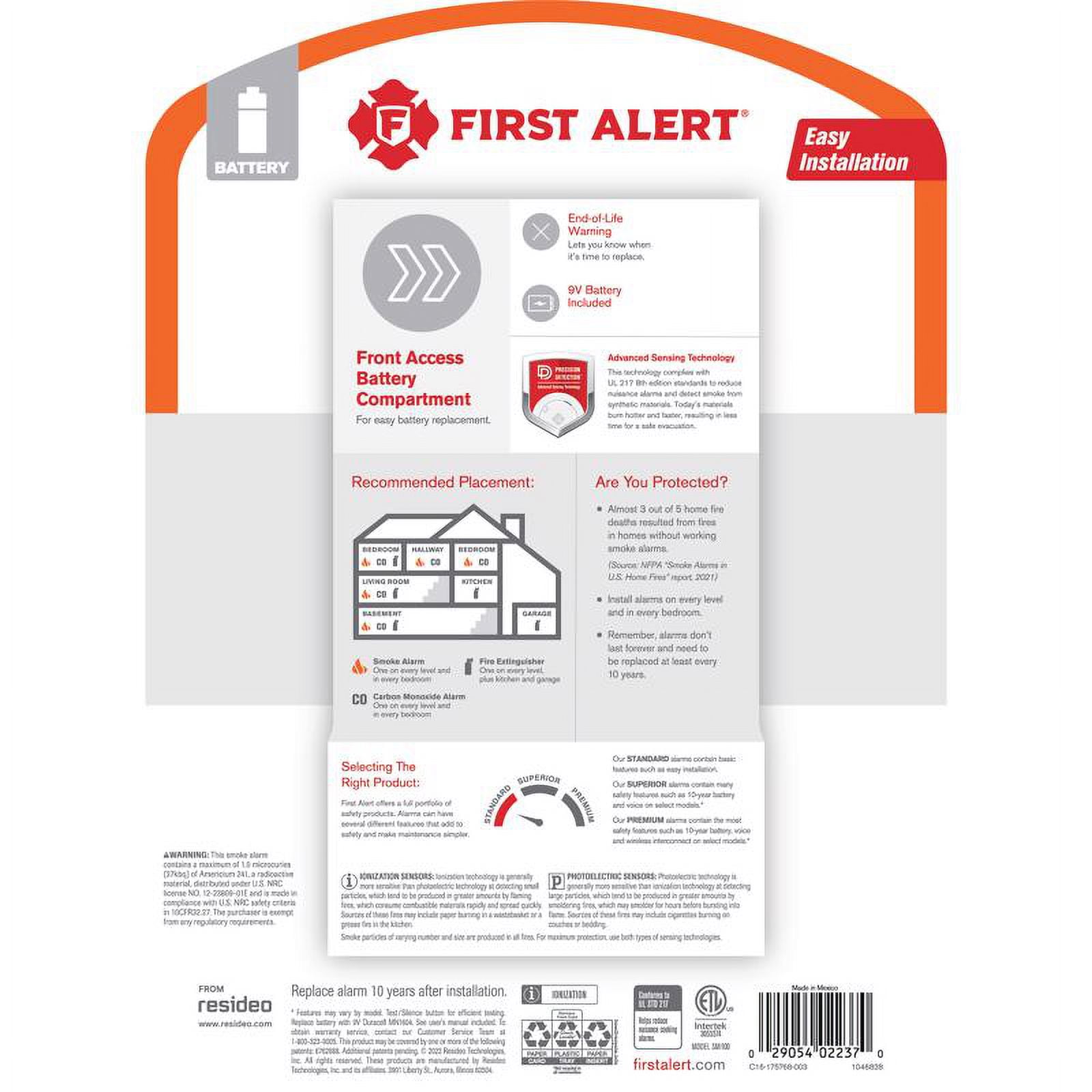 First Alert 1046828 Battery-Operated Smoke Alarm, 2-Pack, 9V Batteries Included