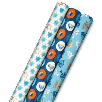 Hallmark Tree of Life Hanukkah Wrapping Paper with Cut lines on Reverse (3 Rolls: 120 Sq. Total) Blue and Gold Star of David, Menorahs, Candles, Dreidels