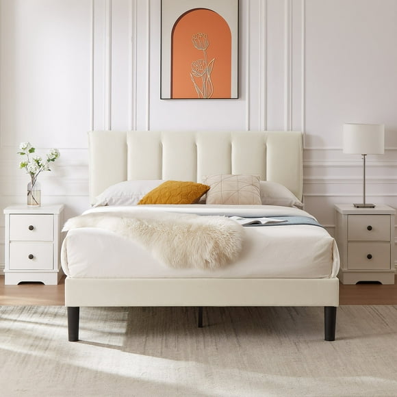 VECELO Twin/Full/Queen Upholstered Bed Frame with Adjustable Headboard, No Box Spring Needed/Easy Assembly, Beige