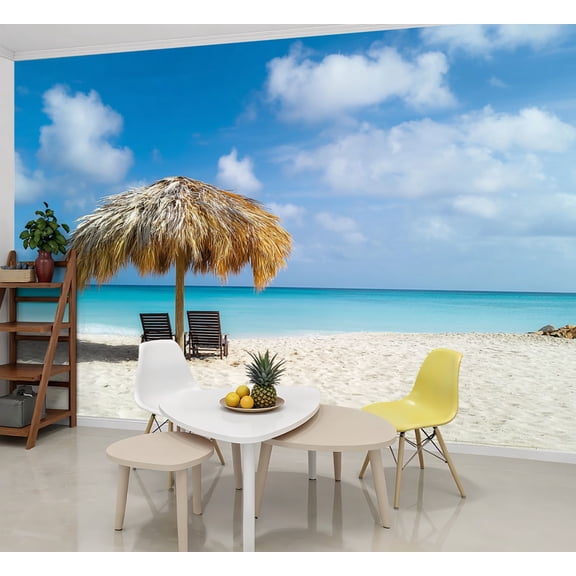 Wallpaper Straw umbrella Eagle Beach Aruba Peel and Stick Wall Murals 69"H x 96"W Removable PVC Wall Paper Self-Adhesive Wall Paintings Art Decor for Bedroom Living Room