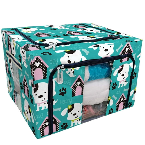 YUSDECOR Happy Dog Paw Print And Bone Storage Bag Clear Window Storage Bins Boxes Large Capacity Foldable Stackable Organizer With Steel Metal Frame For Bedding,Clothes,Closets, Bedrooms