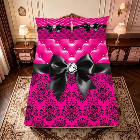 Manfei Cute Black Bow Fitted Sheet Full,Rustic Western Damask Bed Set,3-Piece,1 Fitted Sheet and 2 Pillowcases