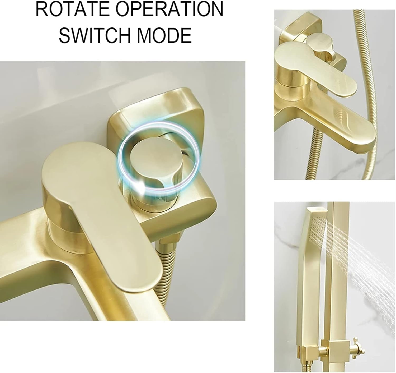 Brushed Gold Bathtub Faucet with Brass Handheld Shower Head, Wall Mounted Single Handle Tub Faucet with Liftable Shower Rod