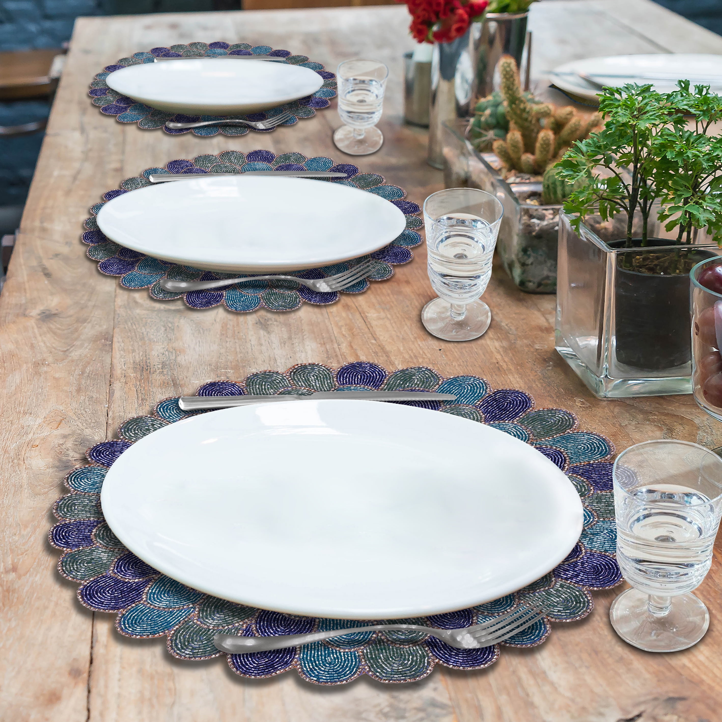 Blue Green Beaded Placemats Set of 4 for Dining Coffee Table Scratch Heat Stain Resistant Charger Kitchen Decor Durable Tablemats - Fall Autumn Thanksgiving Holiday - 15 Inches