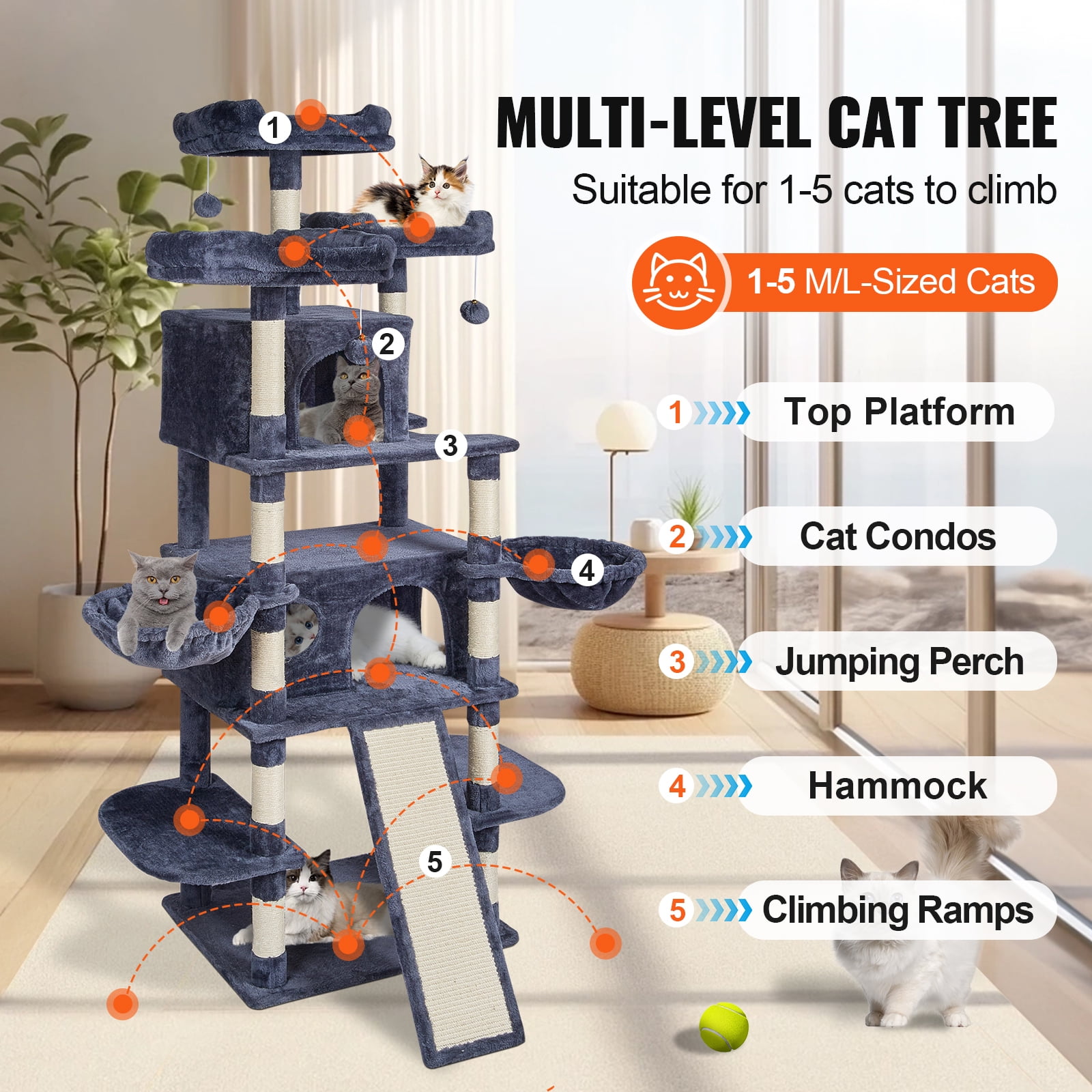 KFFKFF Cat Tree Tower 68.5" Indoor Cat Climbing Frame, Multi-Level Playhouse, Indoor Cat Playground with Dual Condos, Sisal Posts, Hammocks, Activity Platforms, Ramp, Play Balls (Dark Grey)