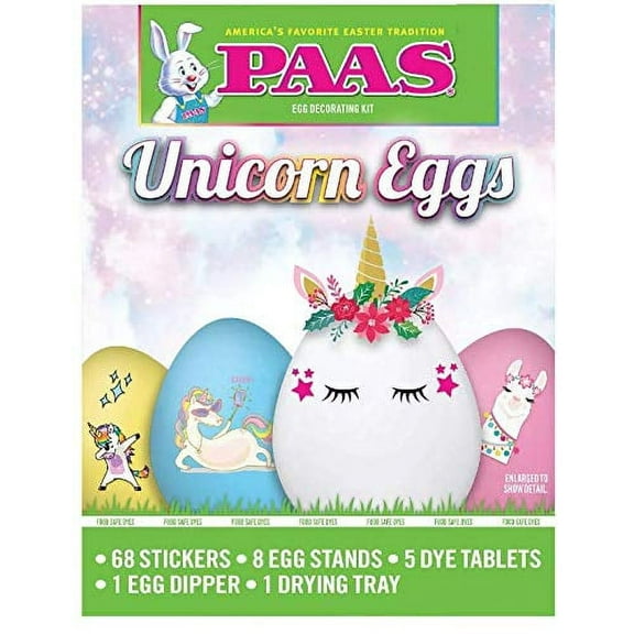 PAAS Unicorn Eggs - Egg Decorating Kit - 68 Stickers, 8 Egg Stands, 5 Dye Tablets, and More.