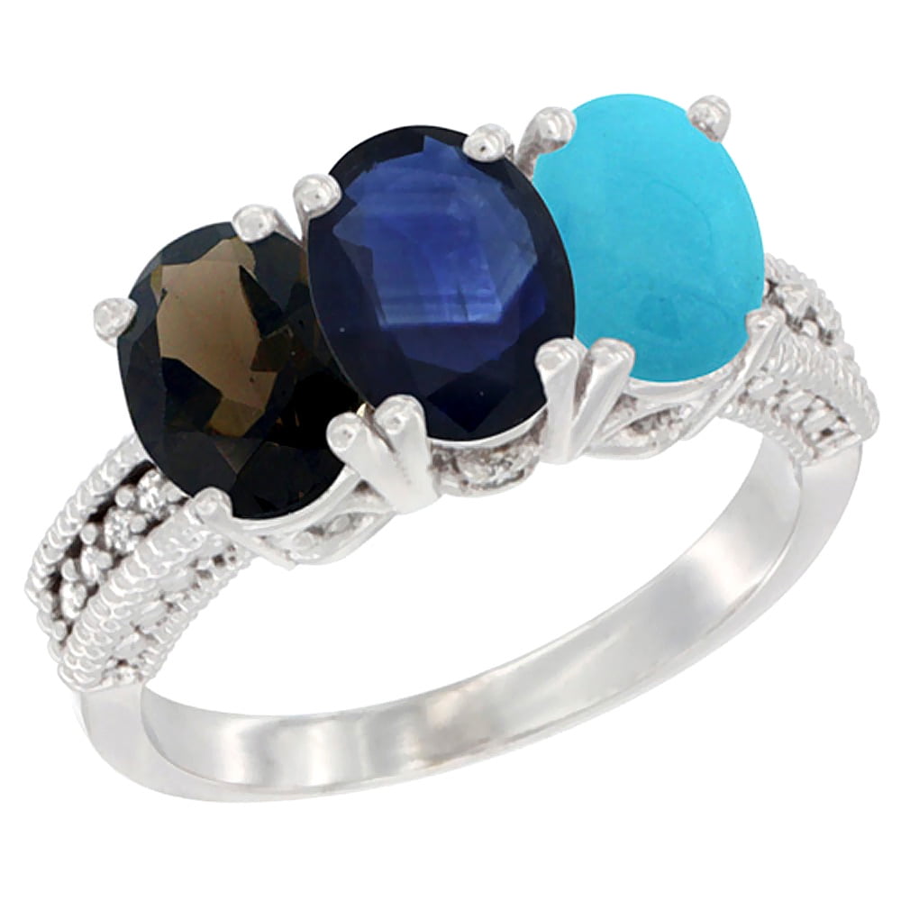 14K White Gold Natural Smoky Topaz, Blue Sapphire & Turquoise Ring 3-Stone 7x5 mm Oval Diamond Accent, sizes 5 10 by WorldJewels