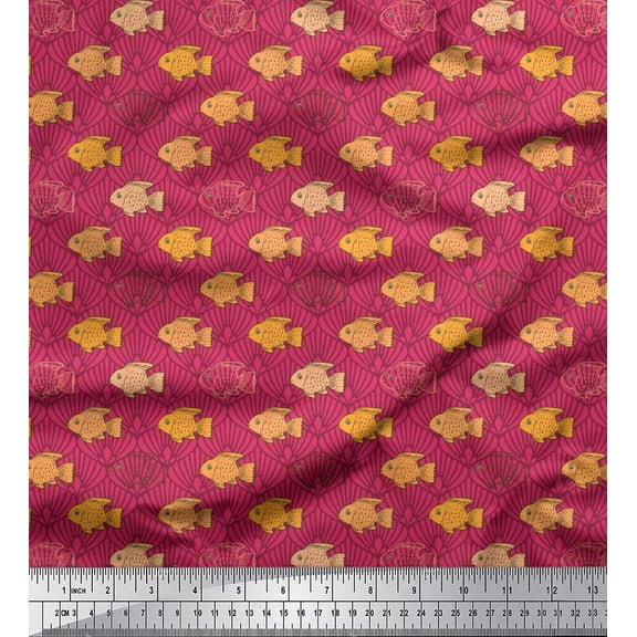 Soimoi Velvet Fabric Fish & Shells Ocean Printed Fabric 1 Yard 58 Inch Wide