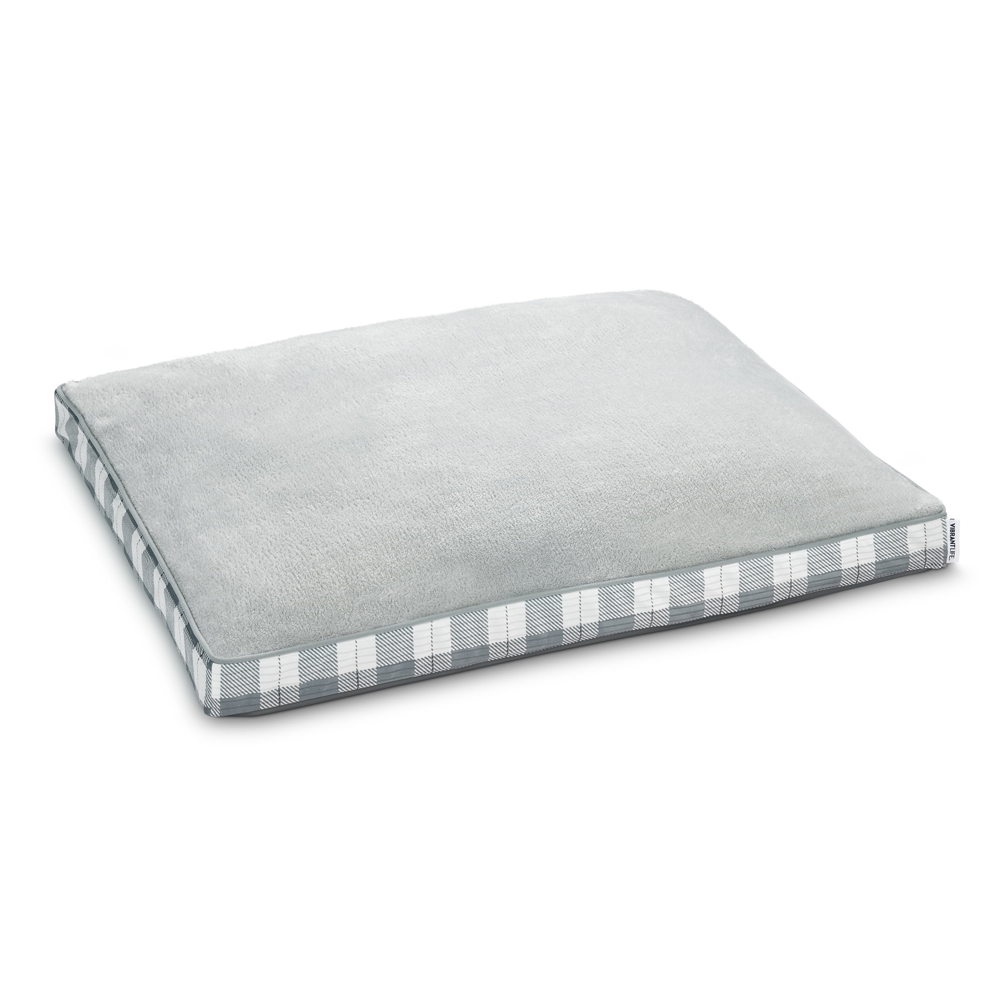 Vibrant Life Large Deluxe Gusset Pillow Dog Bed, 42" Grey White Plaid