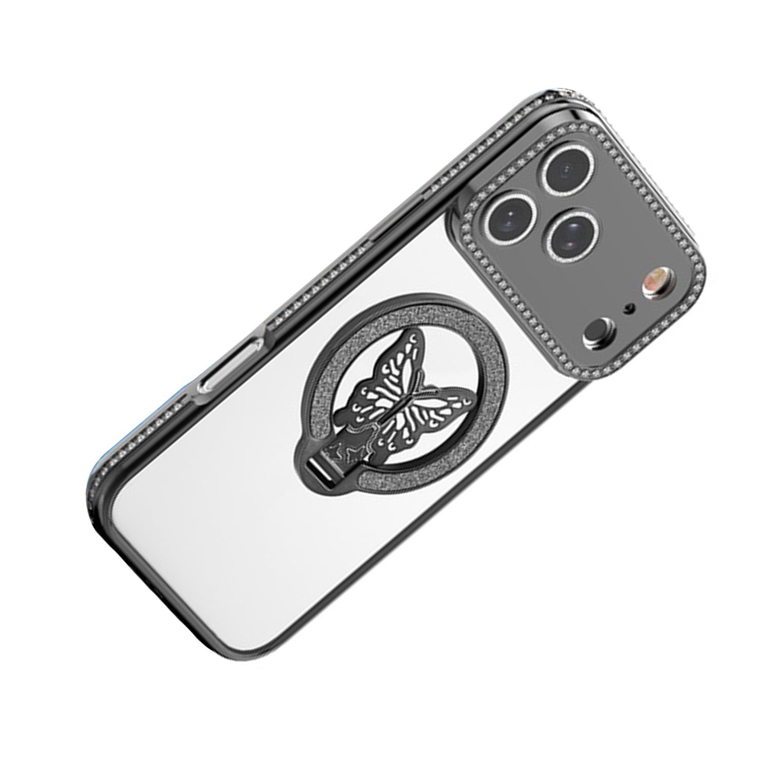 Shiny Butterfly Stand Case for iPhone 17 Pro Max - Black