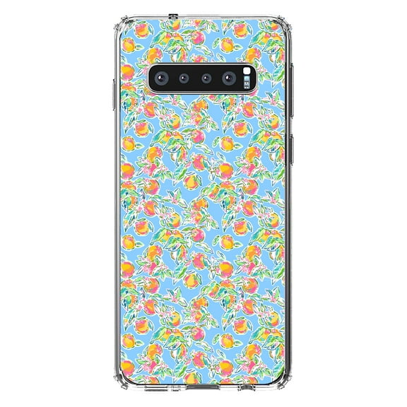 DistinctInk Clear Shockproof Hybrid Case for Samsung Galaxy S10 (6.1" Screen) - TPU Bumper, Acrylic Back, Tempered Glass Screen Protector - Preppy Pattern - Orange & Blue Flowers Floral