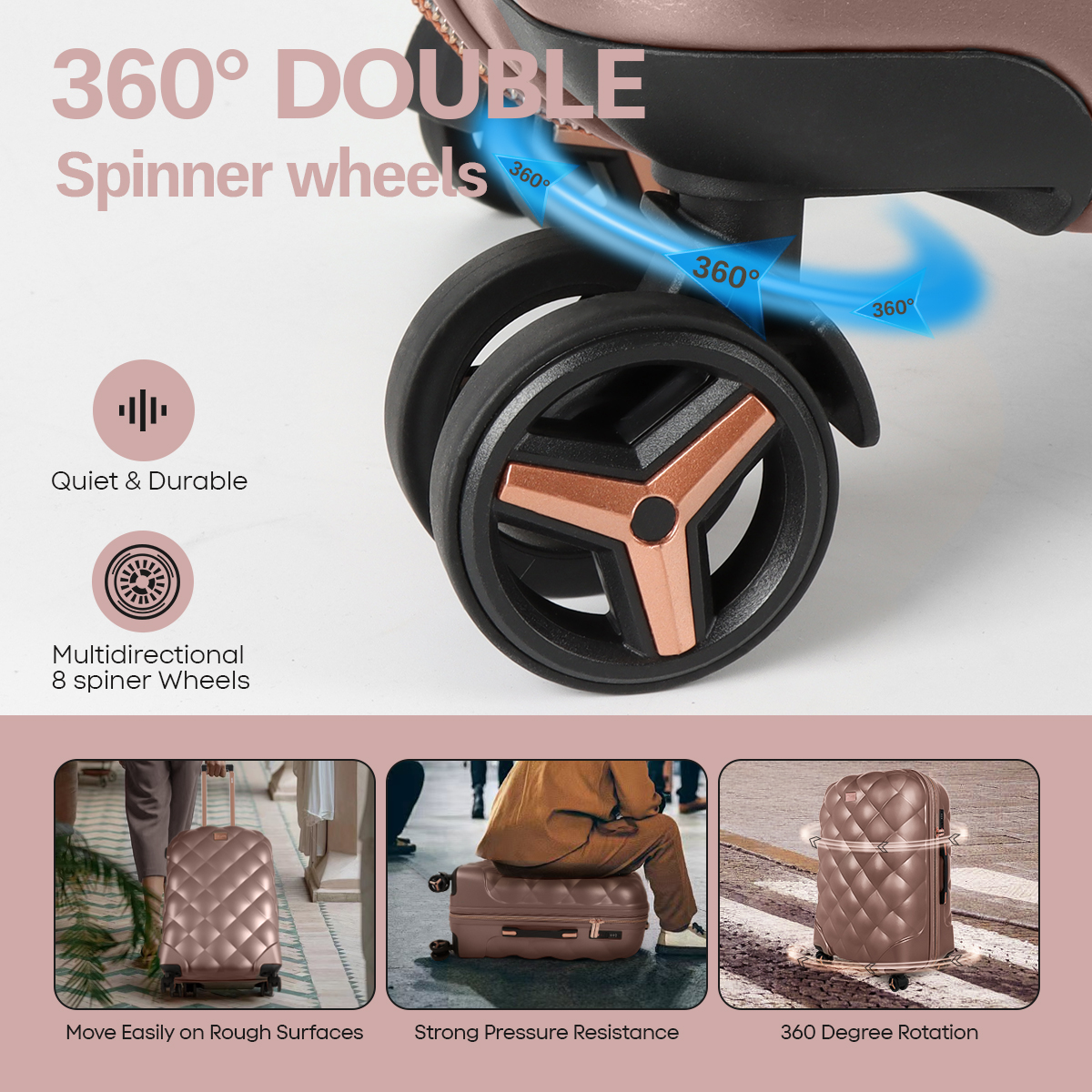 4-Piece Hardside Luggage Set, Lightweight Spinner Suitcases with TSA Lock, Expandable, Rose Gold, 14"/20"/25"/29", WD8810