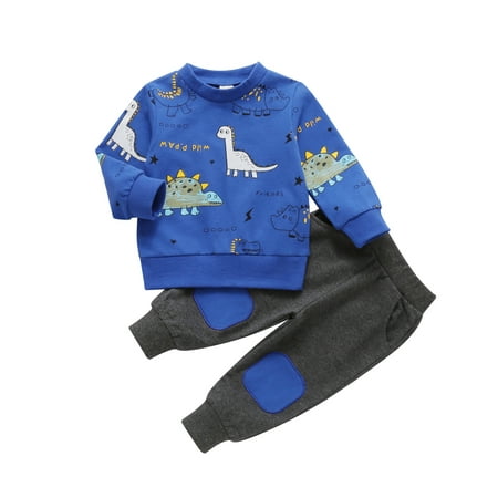 

Toddler Baby Boy Outfits Long Sleeve Cartoon Dinosaur Printed Pullover Patched Sweatpants Tracksuit 2PCS