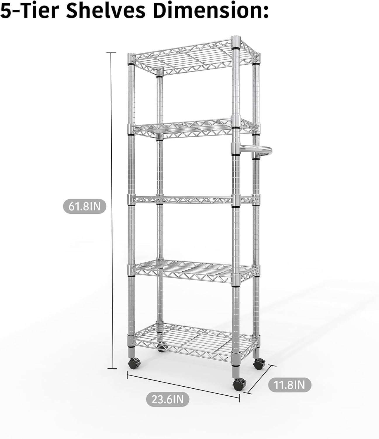 Garvee 5 Tier Metal Storage Shelves, with Lockable Wheels, 23.6 x 11.81 x 61.8 inch, Silver