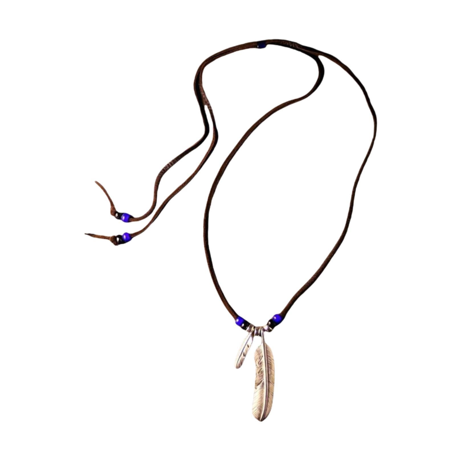 QccHieUs Feather Pendant Necklace Adjustable PU Leather Cord Jewelry Tribal Feather Charm normal