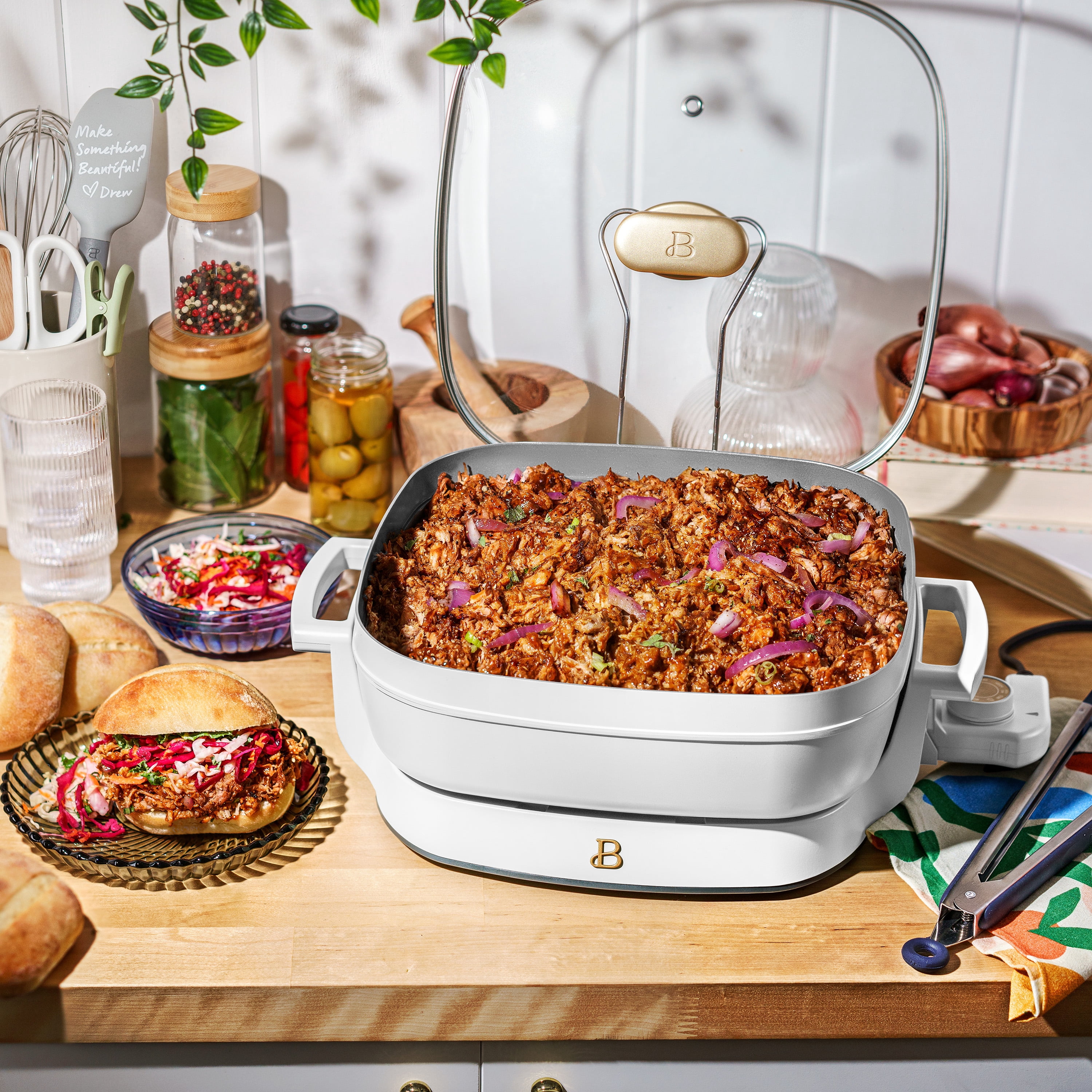 Beautiful 5 in 1 Electric Skillet - Expandable up to 7 Qt with Glass Lid, White Icing by Drew Barrymore