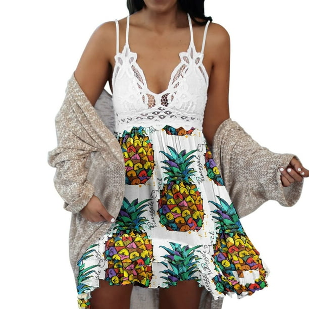 Vestido de encaje calado con cuello en V y estampado Floral sin mangas suelto de verano para mujer a la moda Fridja hj706