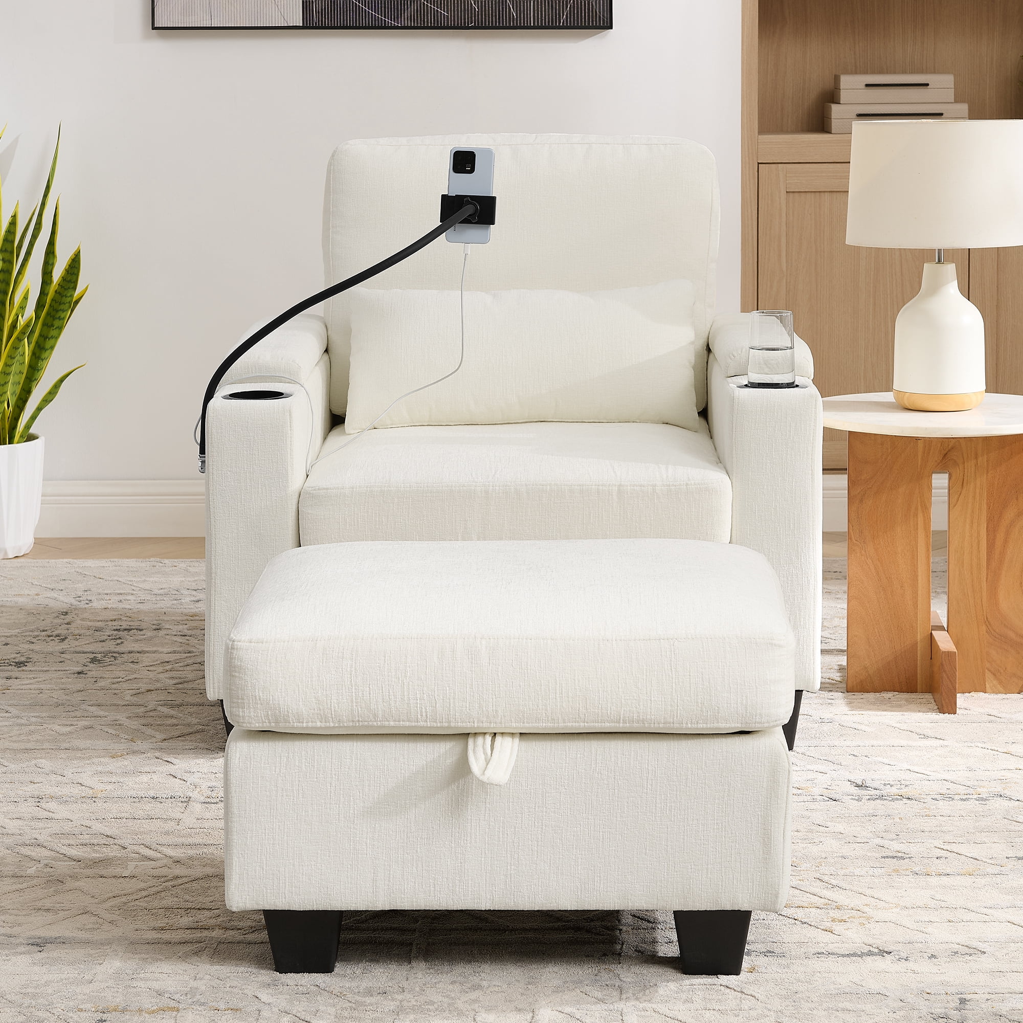 Recliner Chair with Adjustable Backrest, Cup Holders, USB Charging Port, Phone Stand, Arm Storage and Storage Ottoman