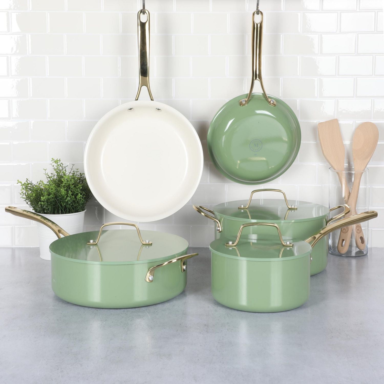 Martha Stewart Galway 10 Piece Aluminum Cookware Set w/Alum Lid, Sage
