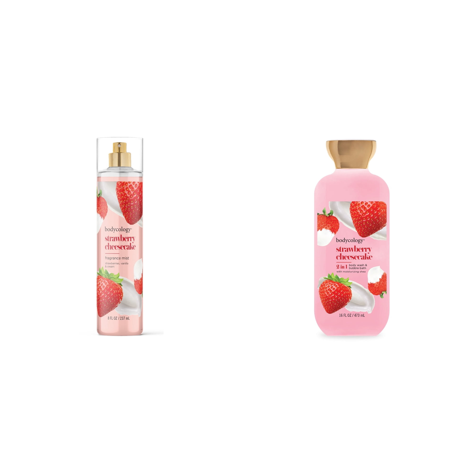 Bodycology Fragrance Body Mist, Strawberry Cheesecake & Bodycology Strawberry Cheesecake 2-in-1 Body Wash & Bubble Bath Bundle