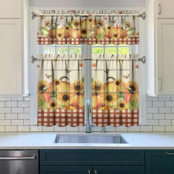 Buffalo Plaid Pumpkin Fall Kitchen Curtains, Sunflower Window Curtains, Farmhouse Thanksgiving Autumn Harvest Curtain for Kitchen Decor, 54" x 18" Valance, 27" x 36" Tier, 3 Panel Set