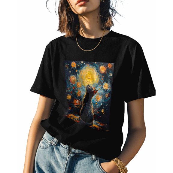 Starry Sky Cat Womens Tshirt Graphic Tees Cotton Crew Neck T-Shirts, Casual Short Sleeve Shirts for Women Teen Girl Oil Painting Art